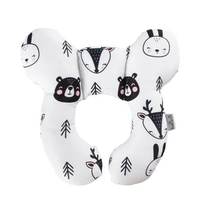 U-shaped baby head support pillow in white with panda, fox, and tree icons
