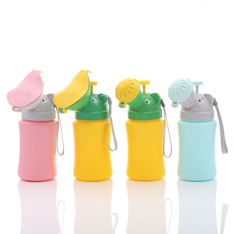 Set of portable baby travel potty urinals in pink, yellow, green, and light blue