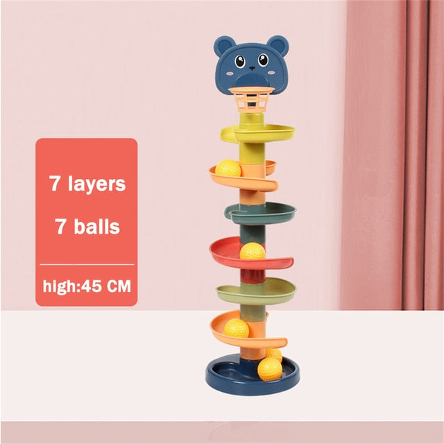 7-layer rolling ball tower toy with bear face topper and yellow balls on base