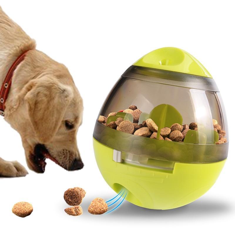 Interactive treat ball dispenser with lime green shell and clear window