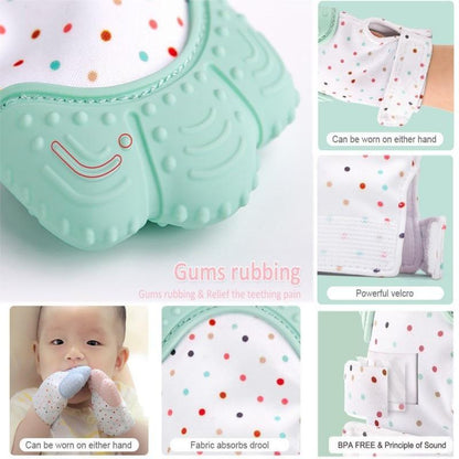 Mint and white teething mitten glove with raised thumb nubs and dotted fabric