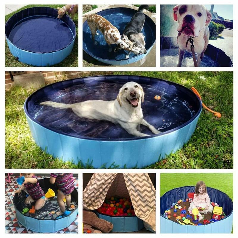 Foldable pet swimming pool collage view with dark blue interior and light blue panels