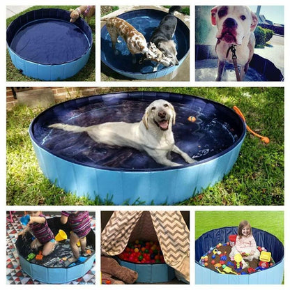 Foldable pet swimming pool collage view with dark blue interior and light blue panels