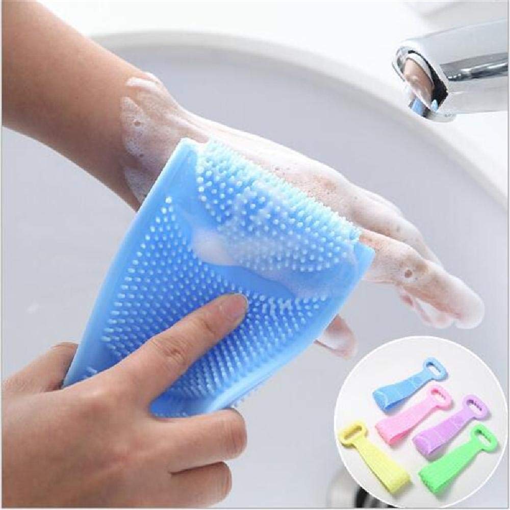 Blue silicone bath brush belt with textured scrub surface for body washing