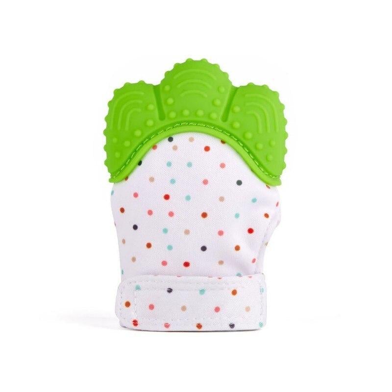 Green and white baby teething mitten with raised nubs and colorful dot pattern
