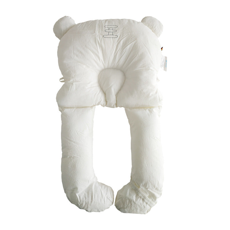 Newborn head shaping pillow, white plush with raised side bolsters and central neck opening