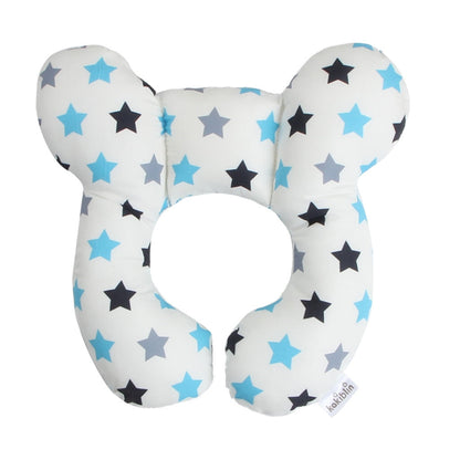 U-shaped baby head support pillow with white cover and light-blue star pattern