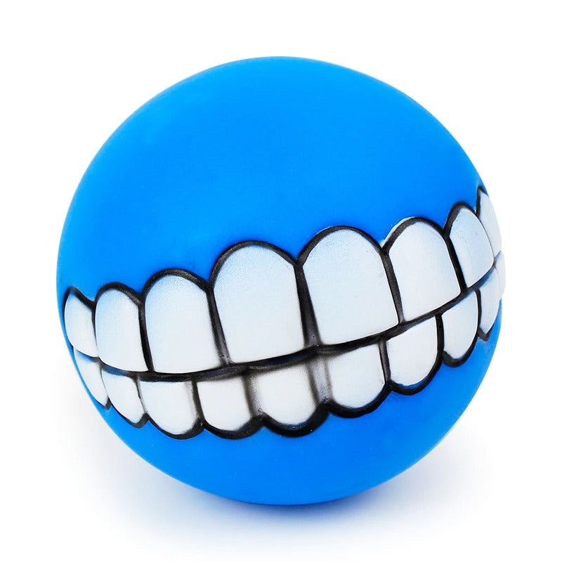 Blue rubber pet teeth squeaky ball with white, outlined tooth row detail.