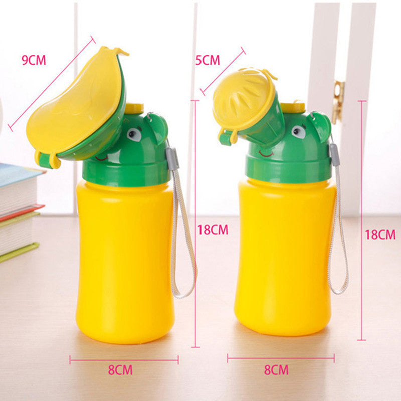 Yellow and green portable baby travel potty urinal with wrist strap and flip spout