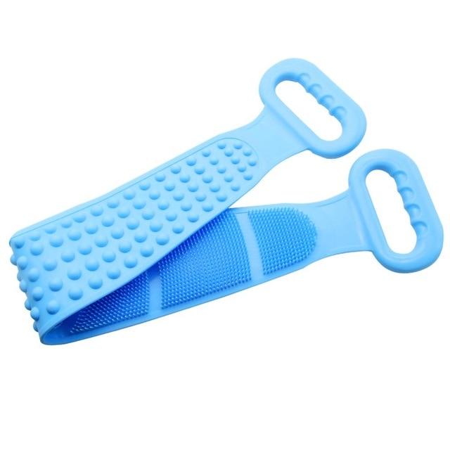 Light blue silicone bath brush belt with dotted grip and ribbed scrub strip