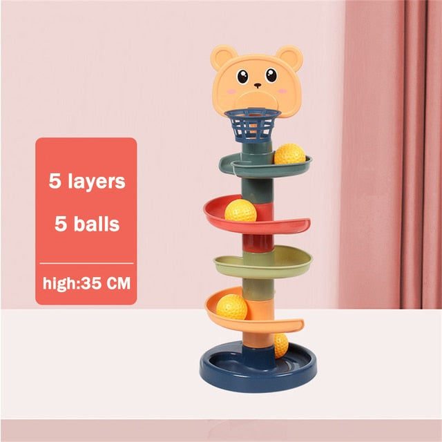 5-layer rolling ball tower toy with bear face topper and yellow balls on base