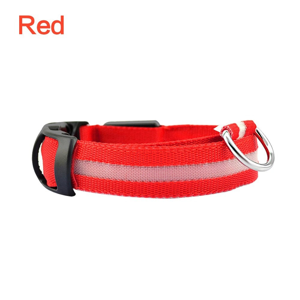 Red LED dog safety collar with reflective stripe and metal D-ring buckle