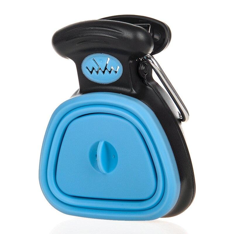 Blue poop picker tool with black case and blue scoop, side view