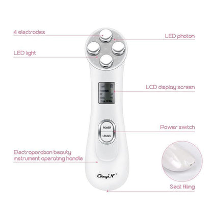 White face massager device with LCD screen, LED light, and power switch
