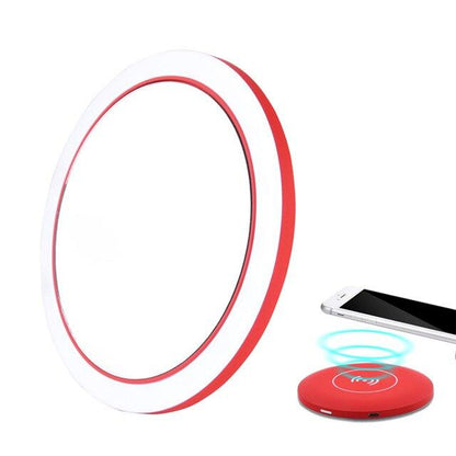 Pink rechargeable LED mirror with oval face and circular light ring