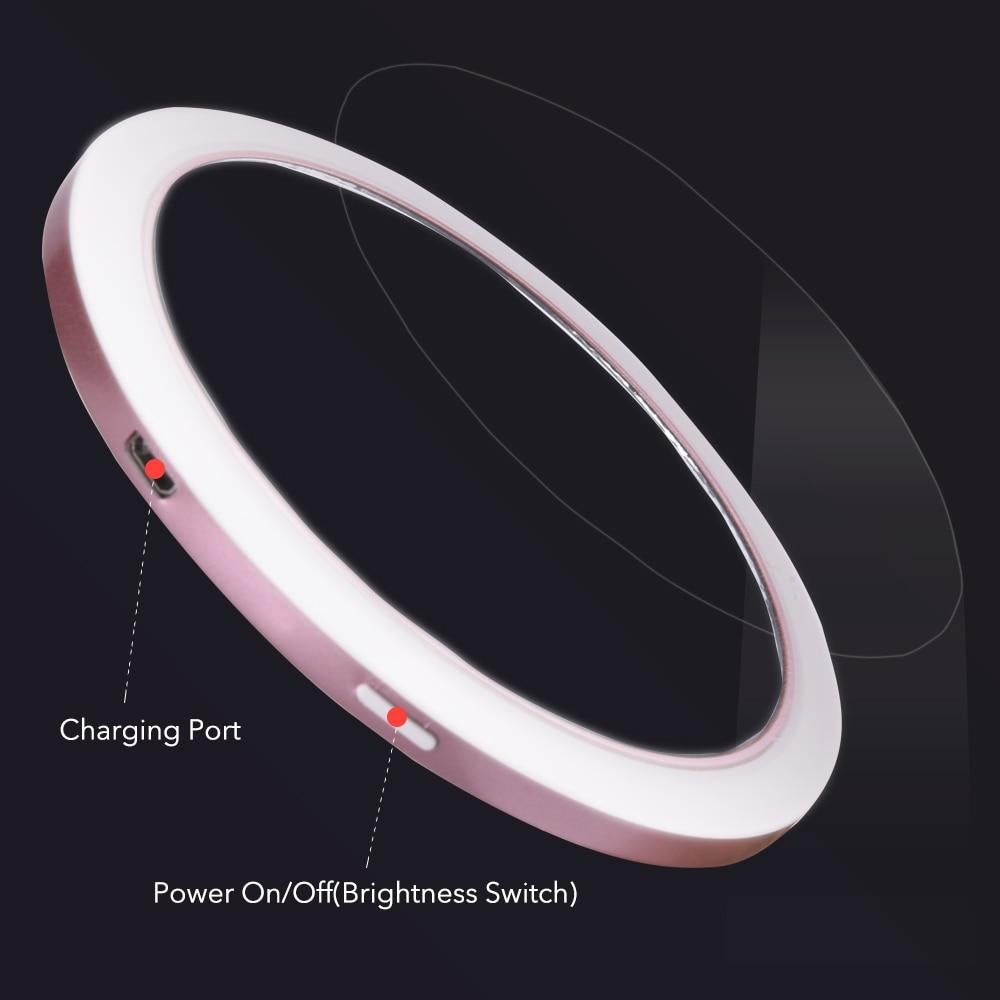 Pink LED makeup mirror with edge controls and charging port area