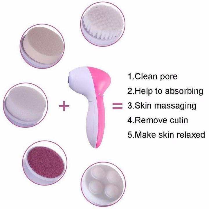 Electric facial cleansing brush with pink-and-white head and four circular pads