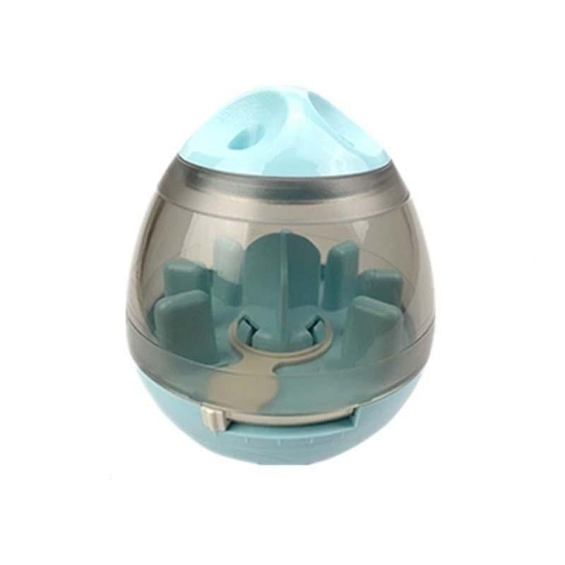 Interactive treat ball dispenser with light blue shell, clear window, and blue feeder insert