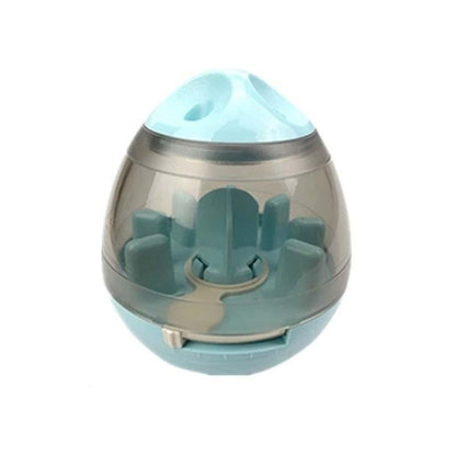 Interactive treat ball dispenser with light blue shell, clear window, and blue feeder insert